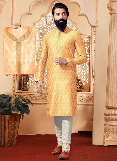 Yellow Colour Exclusive Party Wear Poly Jacquard Digital Printed Kurta Pajama Mens Collection RH-KP-10
